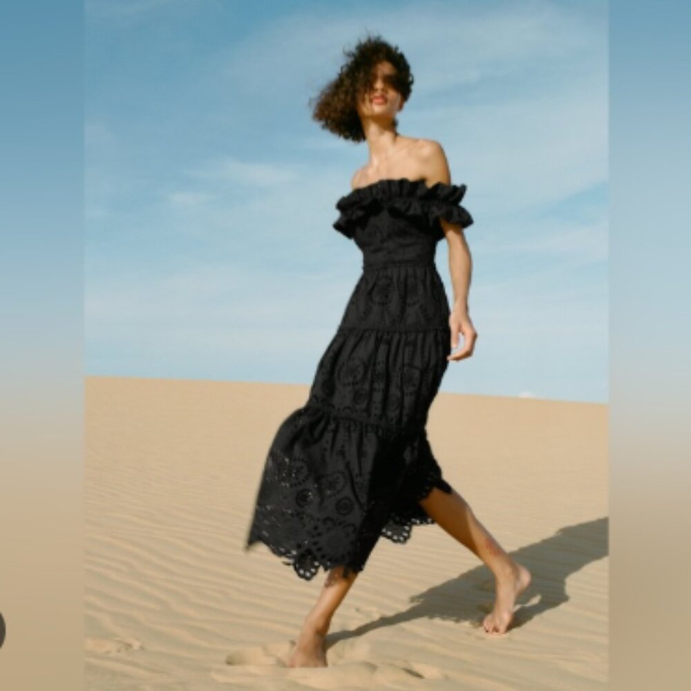 Zara Black Eyelet Tiered Midi Dress Resort Wedding Guest Feminine Vacation Small
